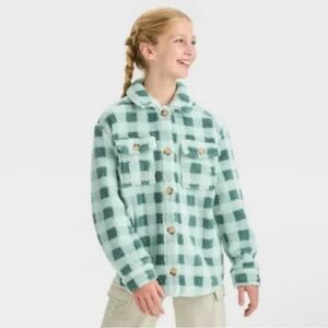 NWT Art Class Girls' Faux Shearling Plaid Shacket Jacket, Teal Green